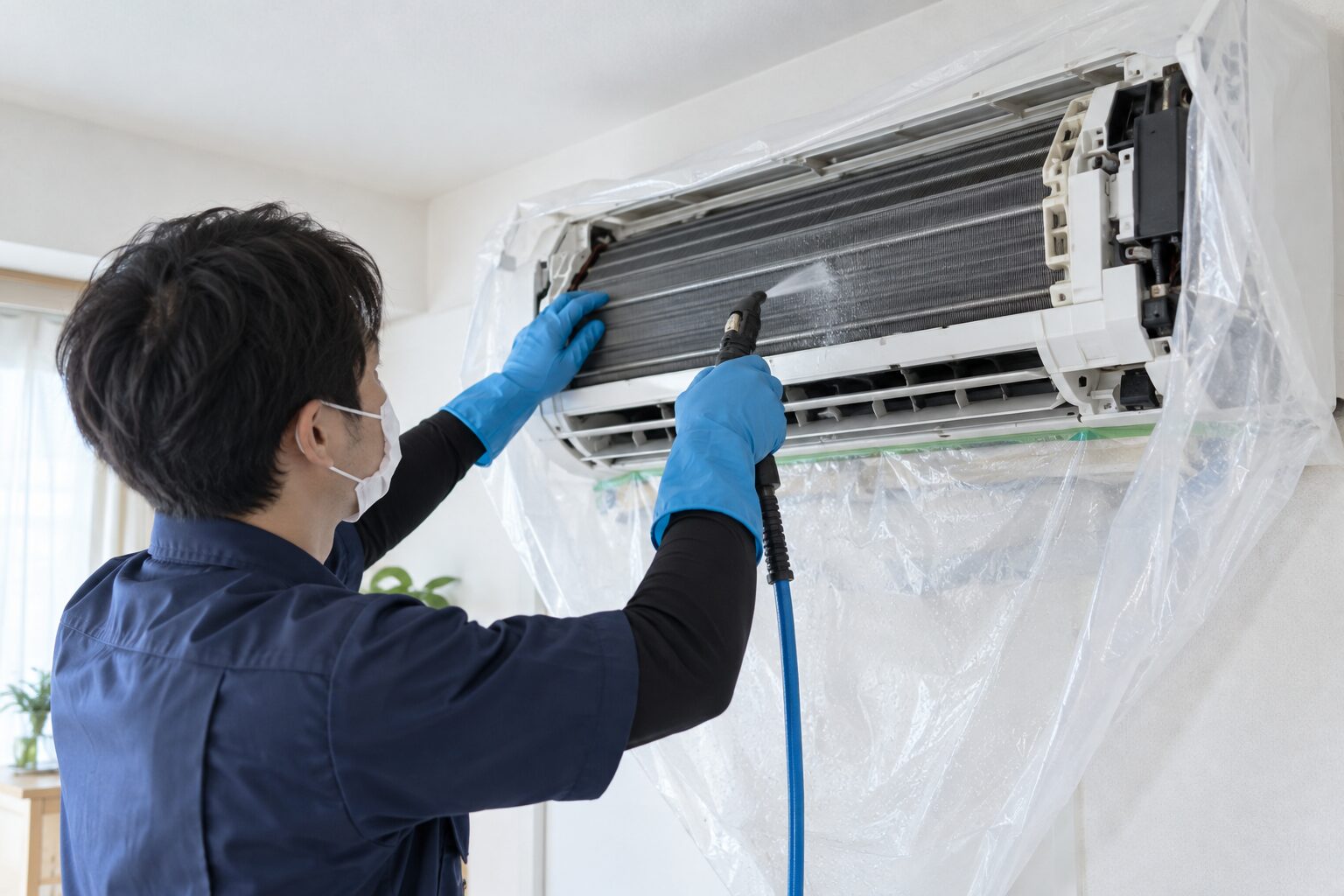 エアコン内部を洗浄するスタッフの対応イメージ